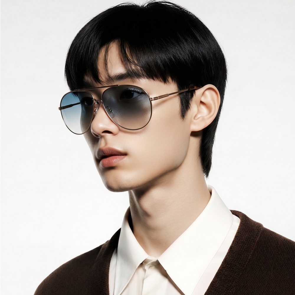Tom Ford TF450 28P “Cliff” Aviator Sunglasses – Rose Gold / Gradient Blue